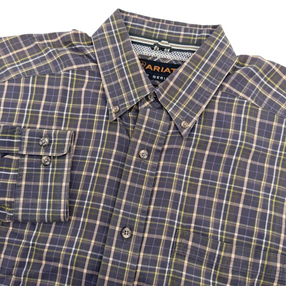 Ariat Shirt Mens Large Brown Plaid Pro Series Long Sleeve Western Cowboy‎